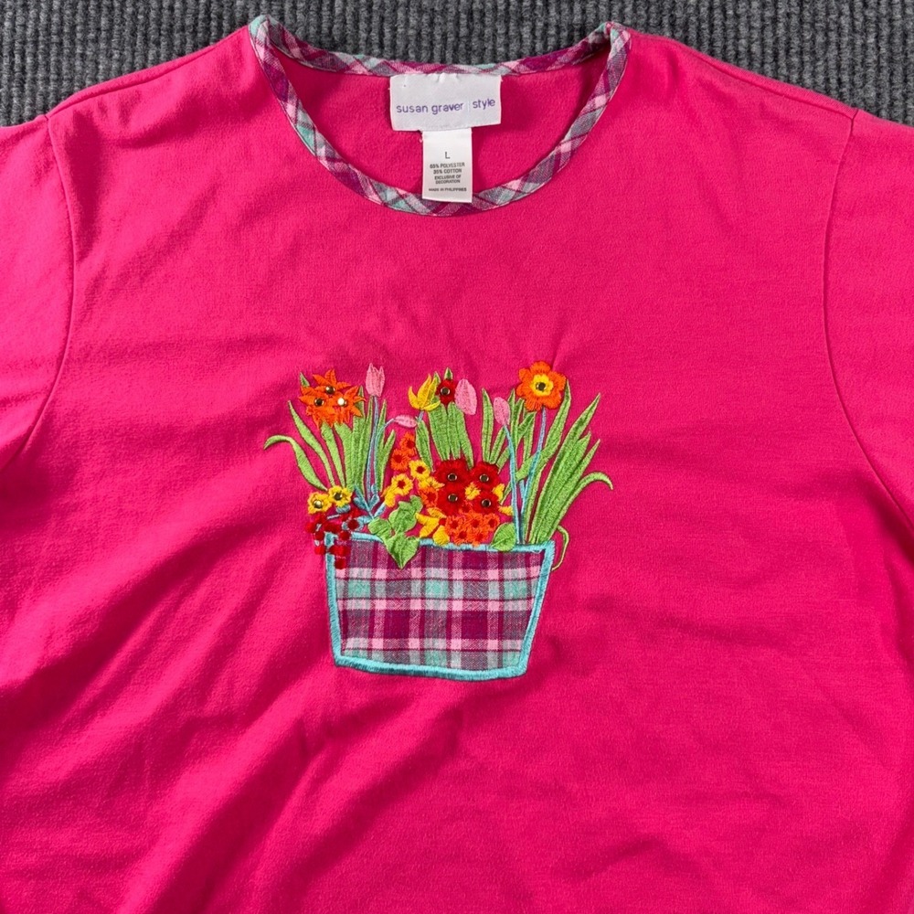 Susan Graver Style Top Women L Pink Floral Embroidered Tee Spring T-Shirt Cotton